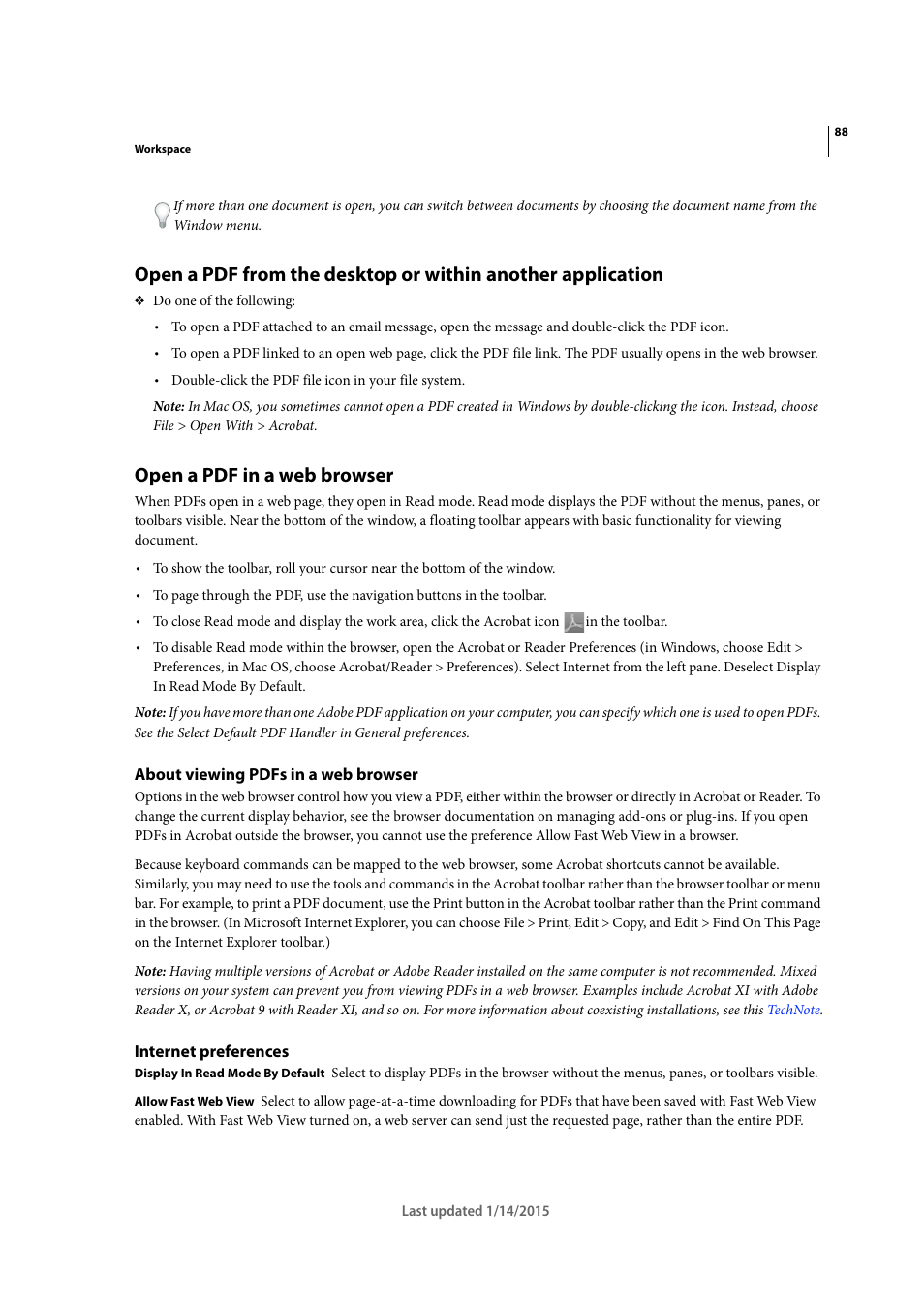 Open a pdf in a web browser, About viewing pdfs in a web browser, Internet preferences | Adobe Acrobat XI User Manual | Page 95 / 590