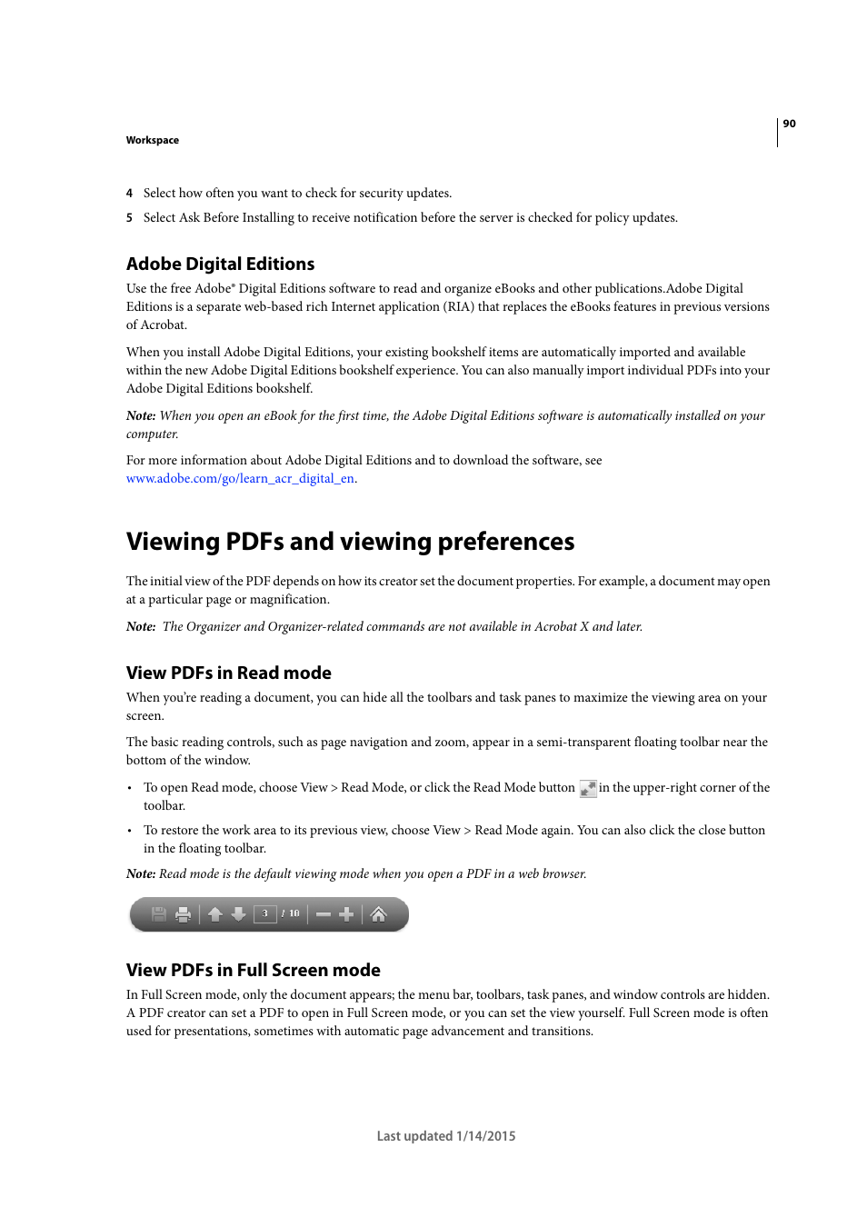 Adobe digital editions, Viewing pdfs and viewing preferences, View pdfs in read mode | View pdfs in full screen mode | Adobe Acrobat XI User Manual | Page 97 / 590