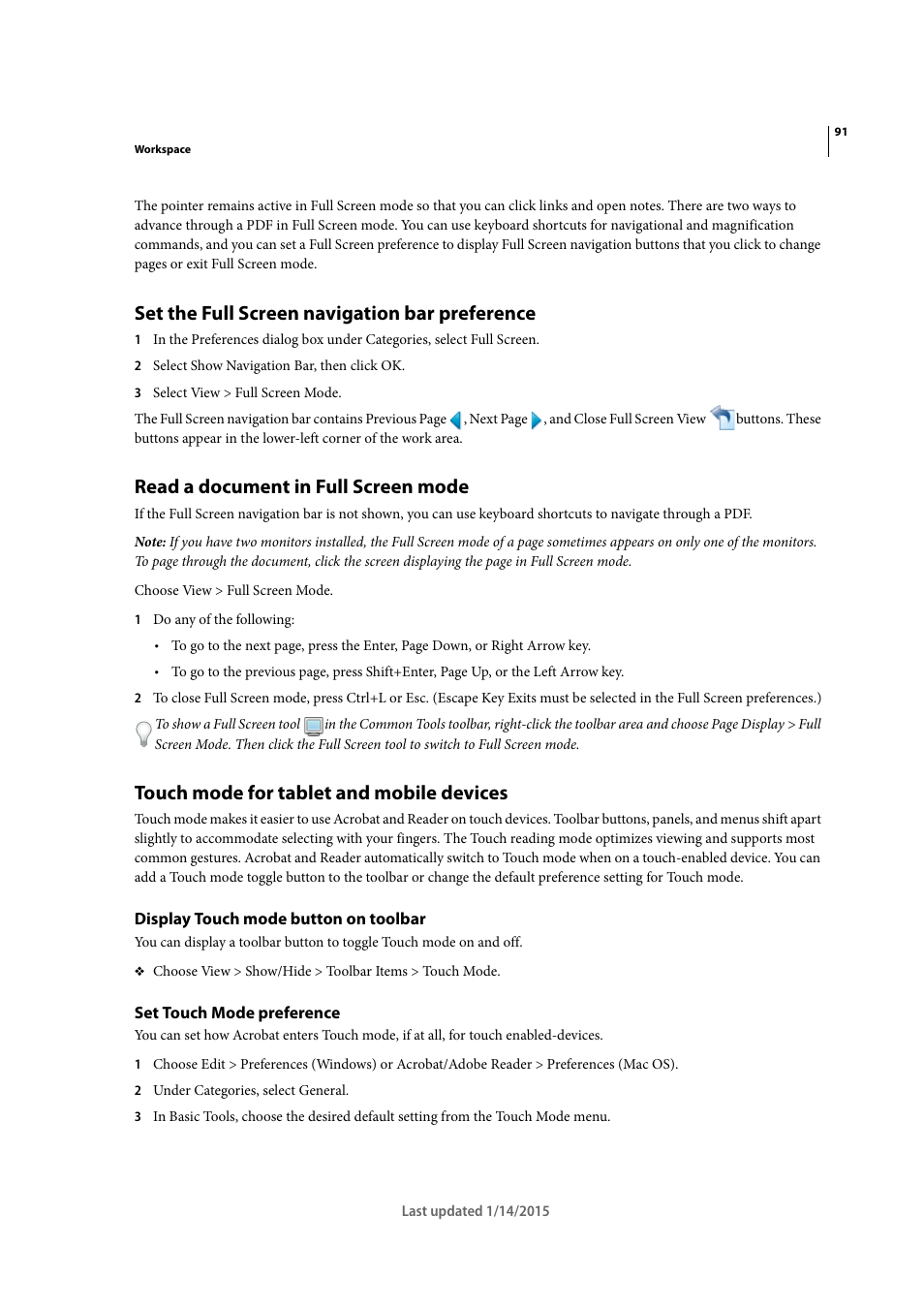 Set the full screen navigation bar preference, Read a document in full screen mode, Touch mode for tablet and mobile devices | Display touch mode button on toolbar, Set touch mode preference | Adobe Acrobat XI User Manual | Page 98 / 590