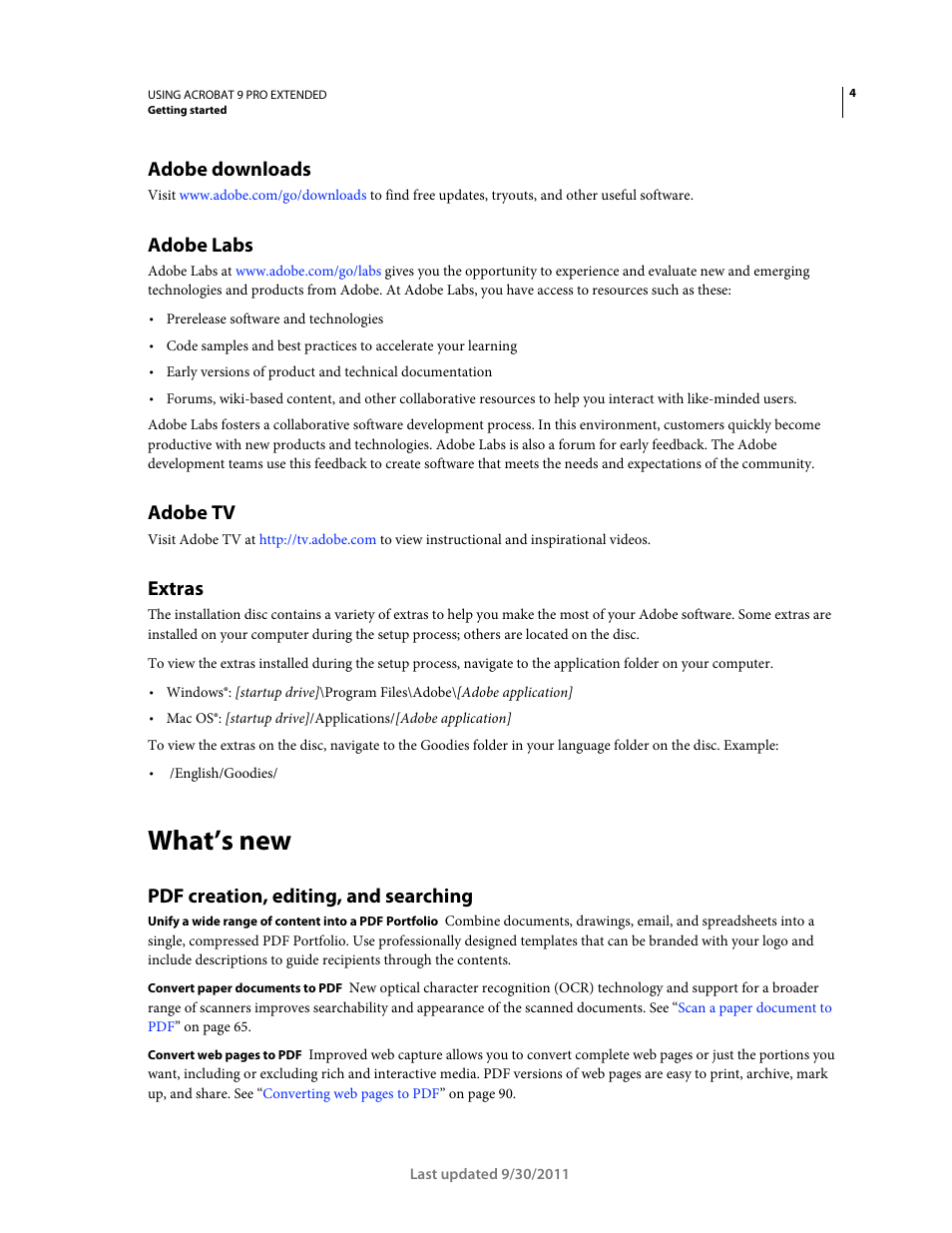 Adobe downloads, Adobe labs, Adobe tv | Extras, What’s new, Pdf creation, editing, and searching | Adobe Acrobat 9 PRO Extended User Manual | Page 10 / 546
