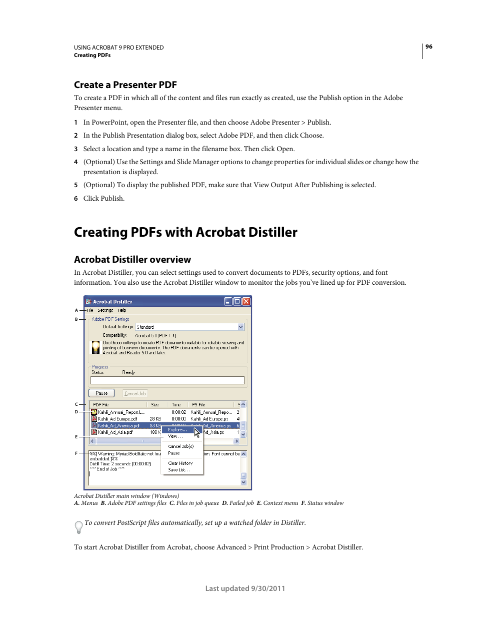 Create a presenter pdf, Creating pdfs with acrobat distiller, Acrobat distiller overview | Adobe Acrobat 9 PRO Extended User Manual | Page 102 / 546