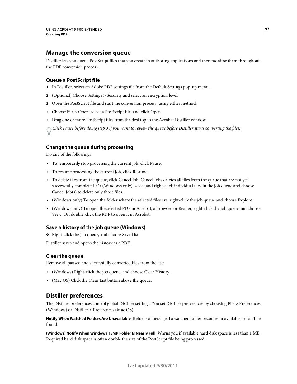 Manage the conversion queue, Queue a postscript file, Change the queue during processing | Save a history of the job queue (windows), Clear the queue, Distiller preferences | Adobe Acrobat 9 PRO Extended User Manual | Page 103 / 546