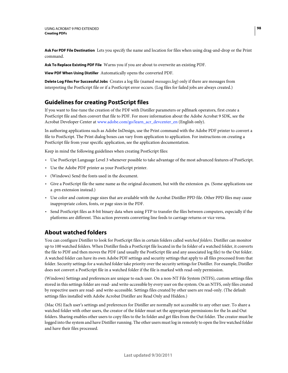 Guidelines for creating postscript files, About watched folders | Adobe Acrobat 9 PRO Extended User Manual | Page 104 / 546