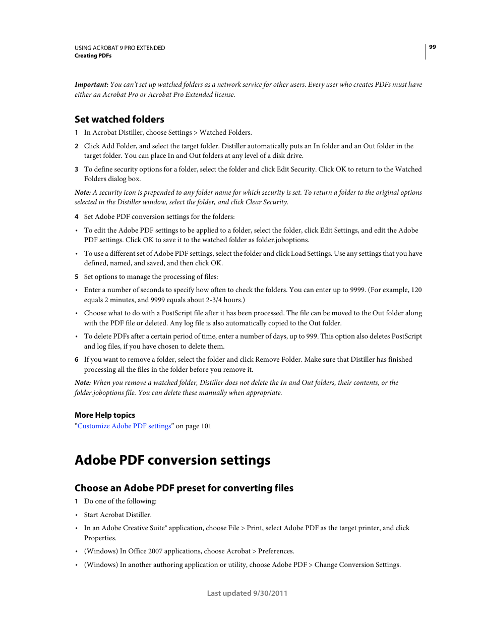 Set watched folders, Adobe pdf conversion settings, Choose an adobe pdf preset for converting files | Adobe Acrobat 9 PRO Extended User Manual | Page 105 / 546