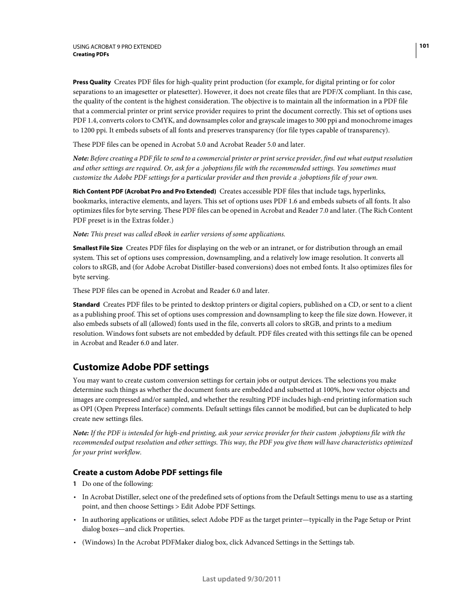 Customize adobe pdf settings, Create a custom adobe pdf settings file | Adobe Acrobat 9 PRO Extended User Manual | Page 107 / 546