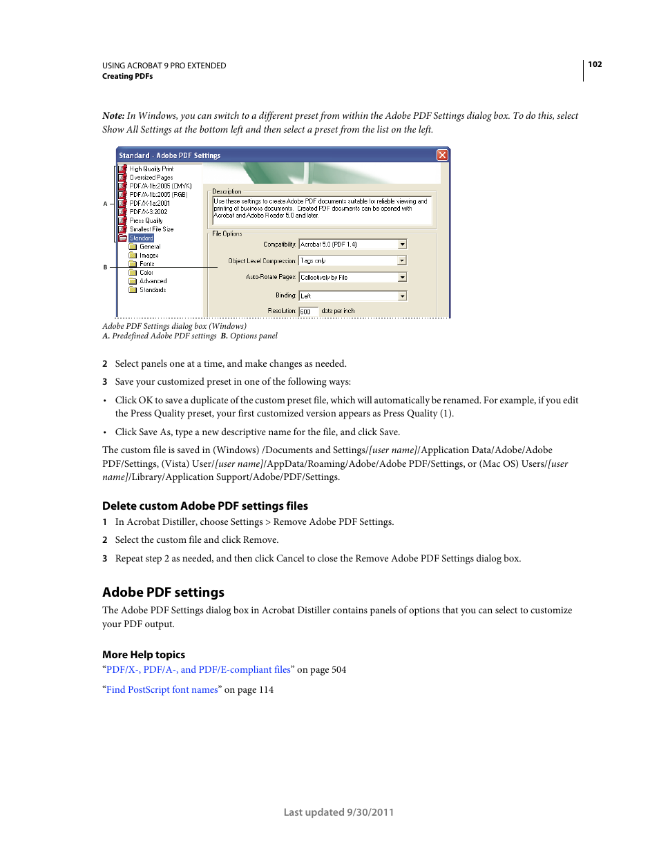 Delete custom adobe pdf settings files, Adobe pdf settings | Adobe Acrobat 9 PRO Extended User Manual | Page 108 / 546