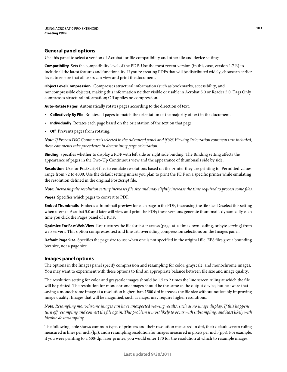 General panel options, Images panel options | Adobe Acrobat 9 PRO Extended User Manual | Page 109 / 546