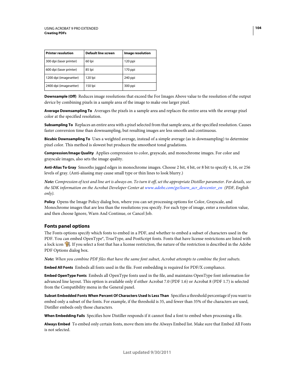 Fonts panel options | Adobe Acrobat 9 PRO Extended User Manual | Page 110 / 546