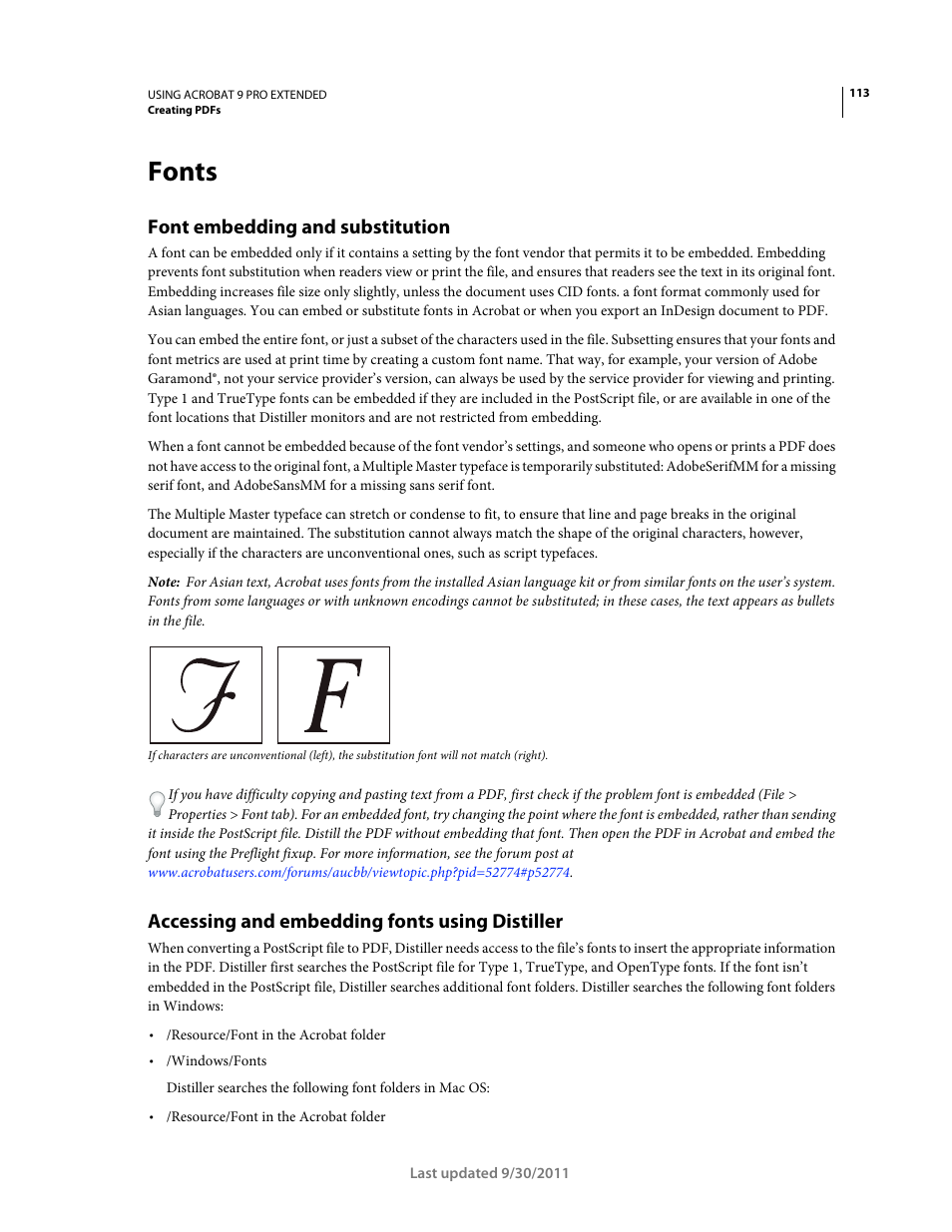 Fonts, Font embedding and substitution, Accessing and embedding fonts using distiller | Adobe Acrobat 9 PRO Extended User Manual | Page 119 / 546