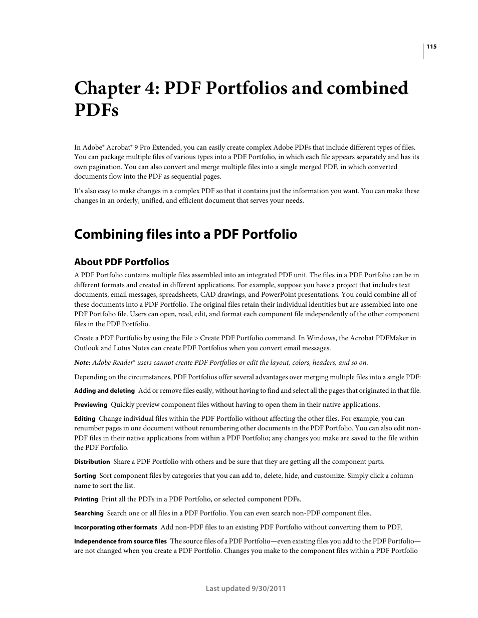 Chapter 4: pdf portfolios and combined pdfs, Combining files into a pdf portfolio, About pdf portfolios | Pdf portfolios and combined pdfs | Adobe Acrobat 9 PRO Extended User Manual | Page 121 / 546