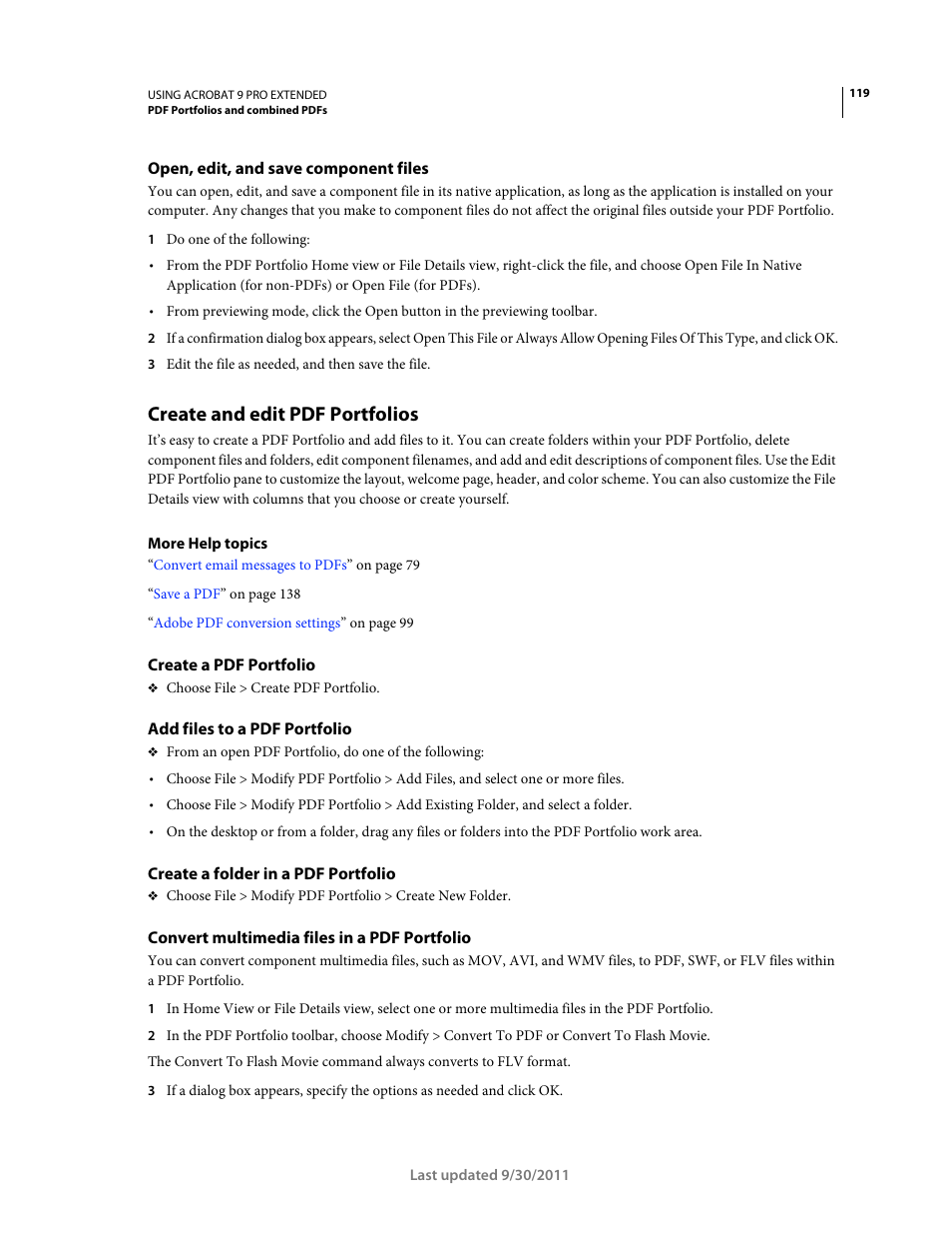 Open, edit, and save component files, Create and edit pdf portfolios, Create a pdf portfolio | Add files to a pdf portfolio, Create a folder in a pdf portfolio, Convert multimedia files in a pdf portfolio | Adobe Acrobat 9 PRO Extended User Manual | Page 125 / 546