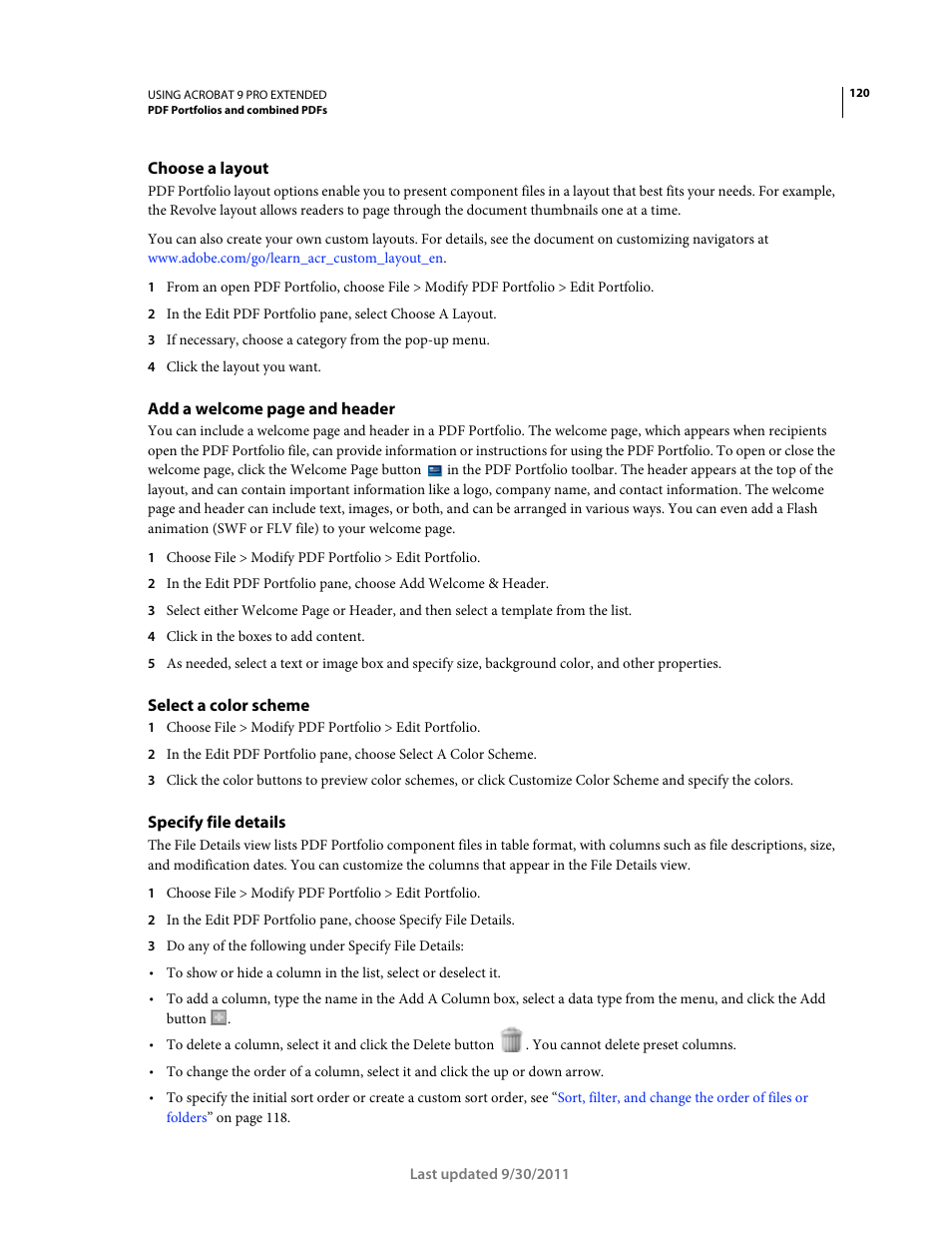 Choose a layout, Select a color scheme, Specify file details | Adobe Acrobat 9 PRO Extended User Manual | Page 126 / 546