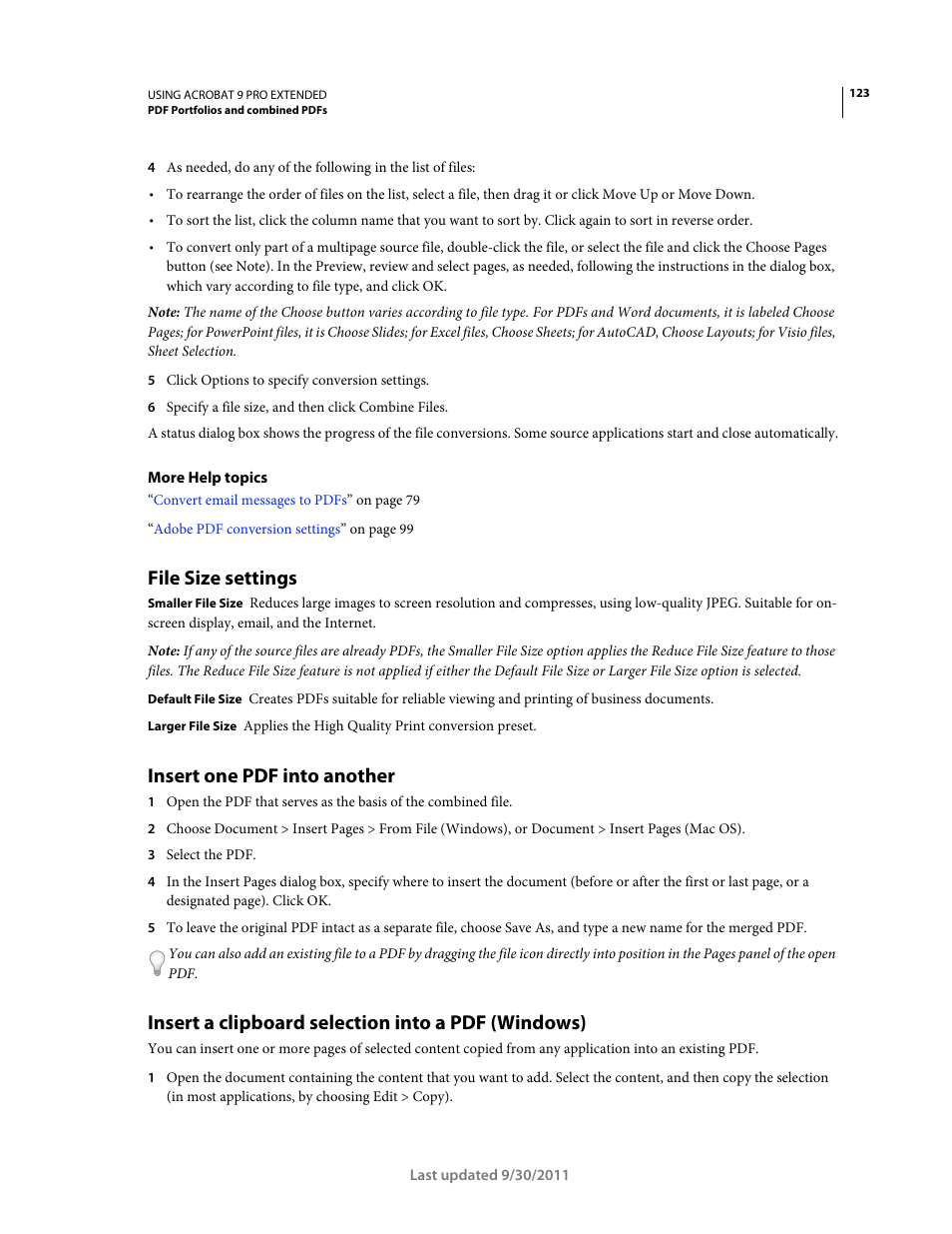 File size settings, Insert one pdf into another, Insert a clipboard selection into a pdf (windows) | Adobe Acrobat 9 PRO Extended User Manual | Page 129 / 546