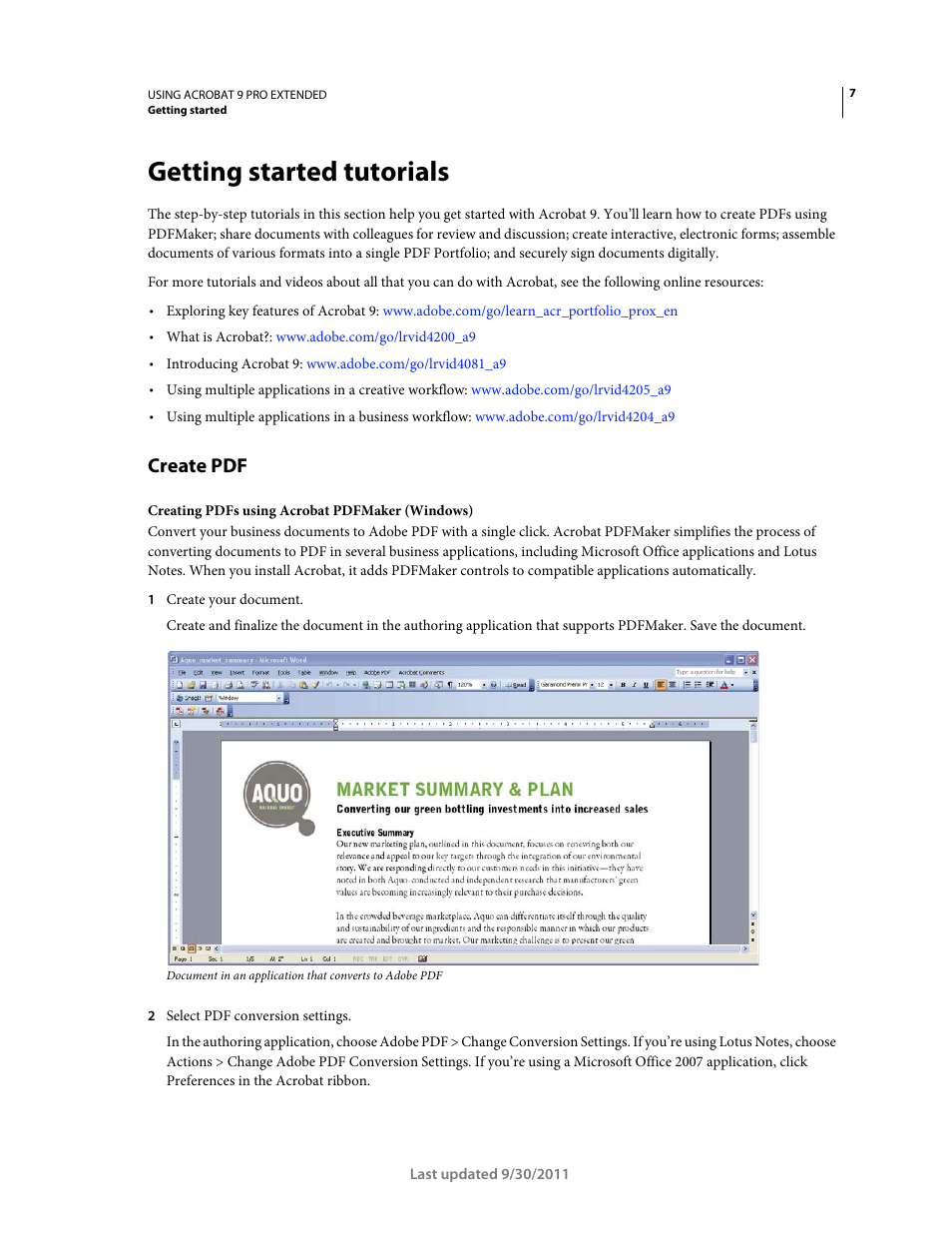 Getting started tutorials, Create pdf | Adobe Acrobat 9 PRO Extended User Manual | Page 13 / 546