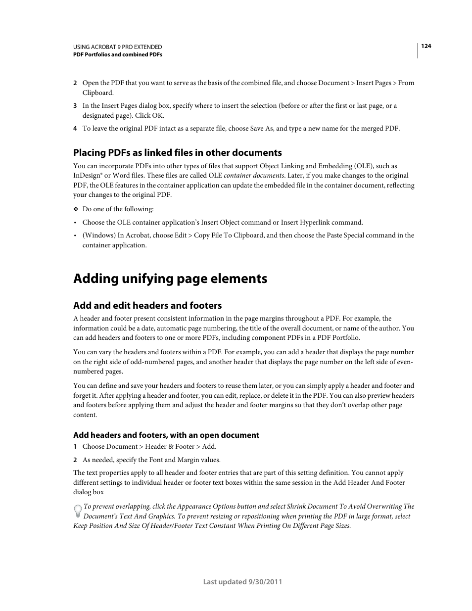 Placing pdfs as linked files in other documents, Add and edit headers and footers, Add headers and footers, with an open document | Adding unifying page elements | Adobe Acrobat 9 PRO Extended User Manual | Page 130 / 546