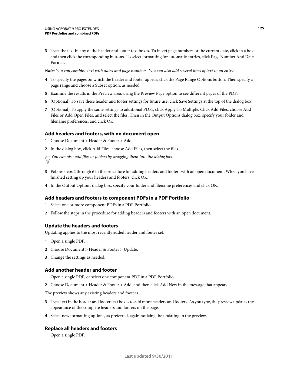 Add headers and footers, with no document open, Update the headers and footers, Add another header and footer | Replace all headers and footers | Adobe Acrobat 9 PRO Extended User Manual | Page 131 / 546