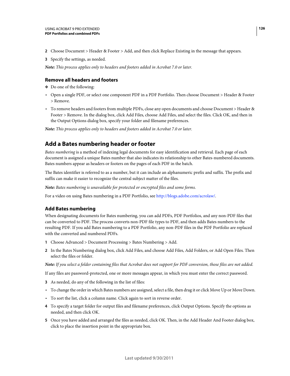 Remove all headers and footers, Add a bates numbering header or footer, Add bates numbering | Adobe Acrobat 9 PRO Extended User Manual | Page 132 / 546