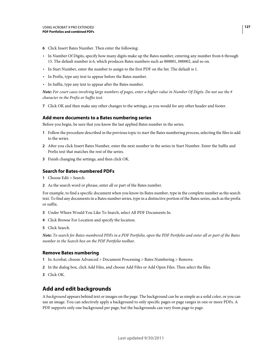 Add more documents to a bates numbering series, Search for bates-numbered pdfs, Remove bates numbering | Add and edit backgrounds | Adobe Acrobat 9 PRO Extended User Manual | Page 133 / 546