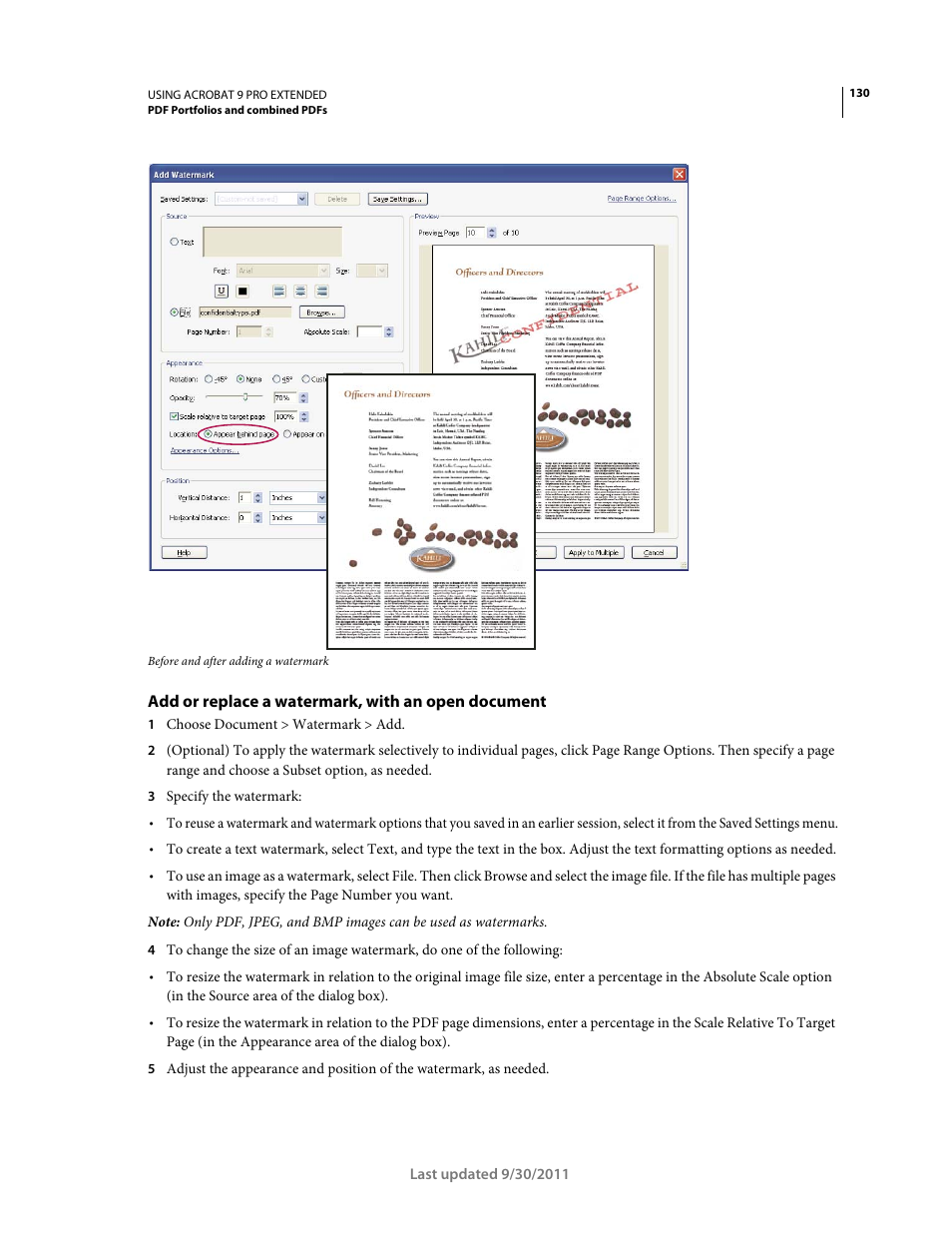 Add or replace a watermark, with an open document | Adobe Acrobat 9 PRO Extended User Manual | Page 136 / 546