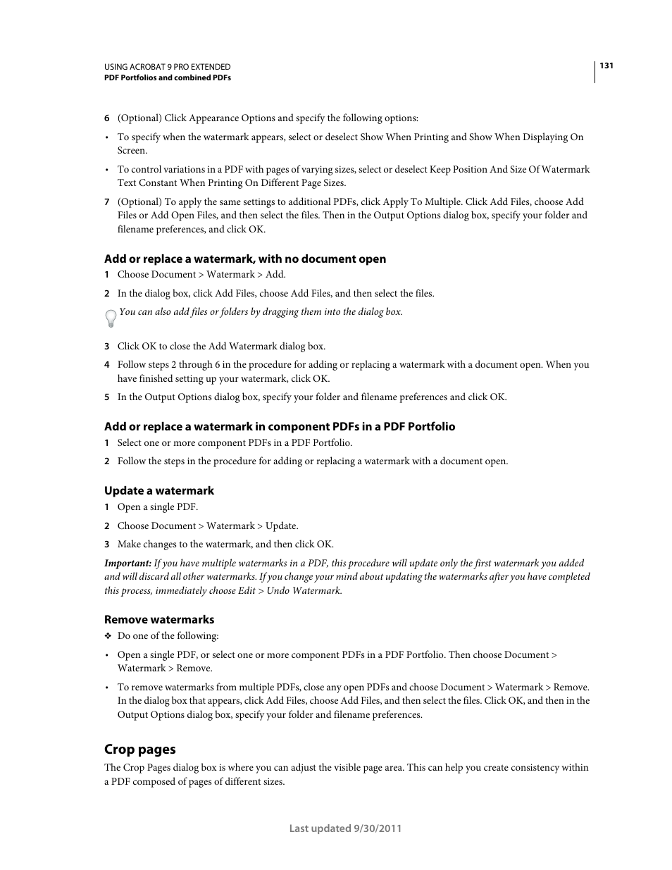 Add or replace a watermark, with no document open, Update a watermark, Remove watermarks | Crop pages | Adobe Acrobat 9 PRO Extended User Manual | Page 137 / 546