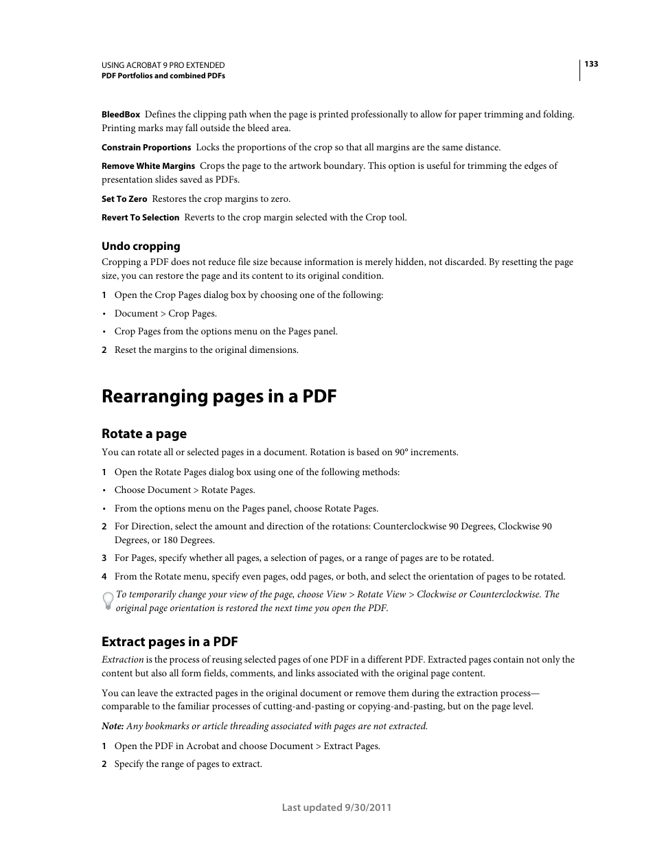 Undo cropping, Rearranging pages in a pdf, Rotate a page | Extract pages in a pdf | Adobe Acrobat 9 PRO Extended User Manual | Page 139 / 546