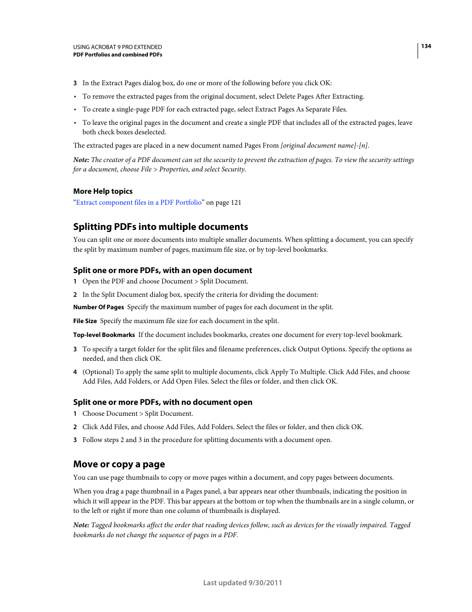 Splitting pdfs into multiple documents, Split one or more pdfs, with an open document, Split one or more pdfs, with no document open | Move or copy a page | Adobe Acrobat 9 PRO Extended User Manual | Page 140 / 546