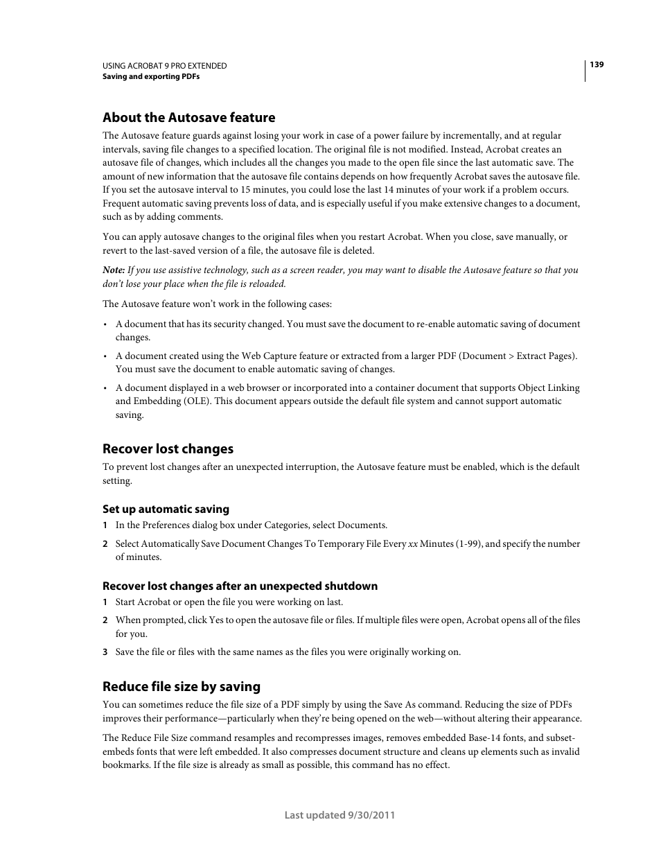 About the autosave feature, Recover lost changes, Set up automatic saving | Recover lost changes after an unexpected shutdown, Reduce file size by saving | Adobe Acrobat 9 PRO Extended User Manual | Page 145 / 546