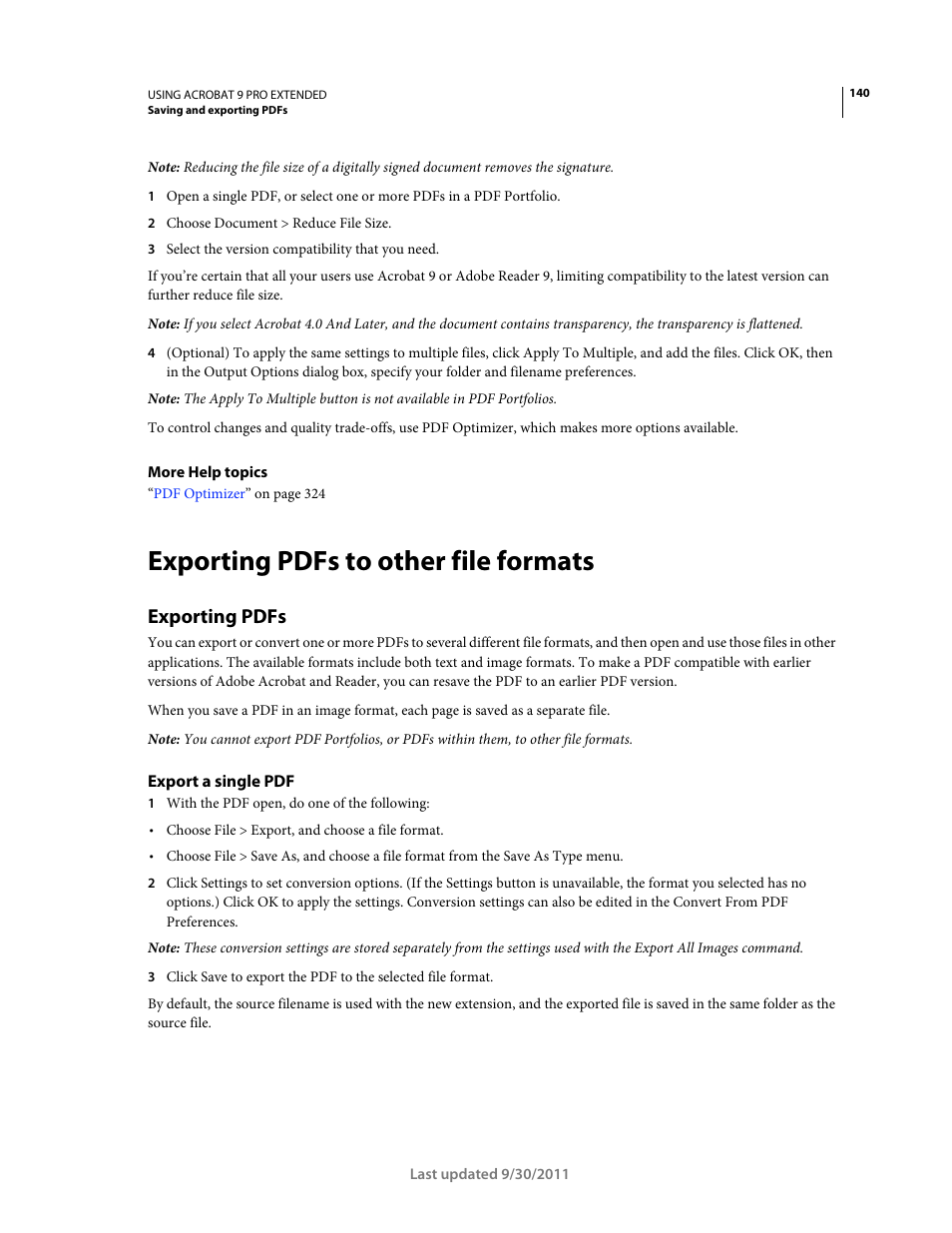 Exporting pdfs to other file formats, Exporting pdfs, Export a single pdf | Adobe Acrobat 9 PRO Extended User Manual | Page 146 / 546