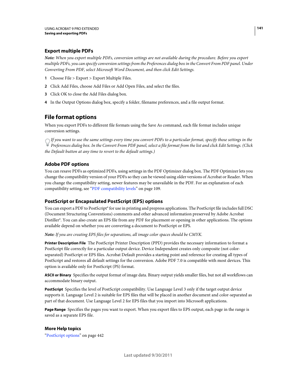 Export multiple pdfs, File format options, Adobe pdf options | Adobe Acrobat 9 PRO Extended User Manual | Page 147 / 546