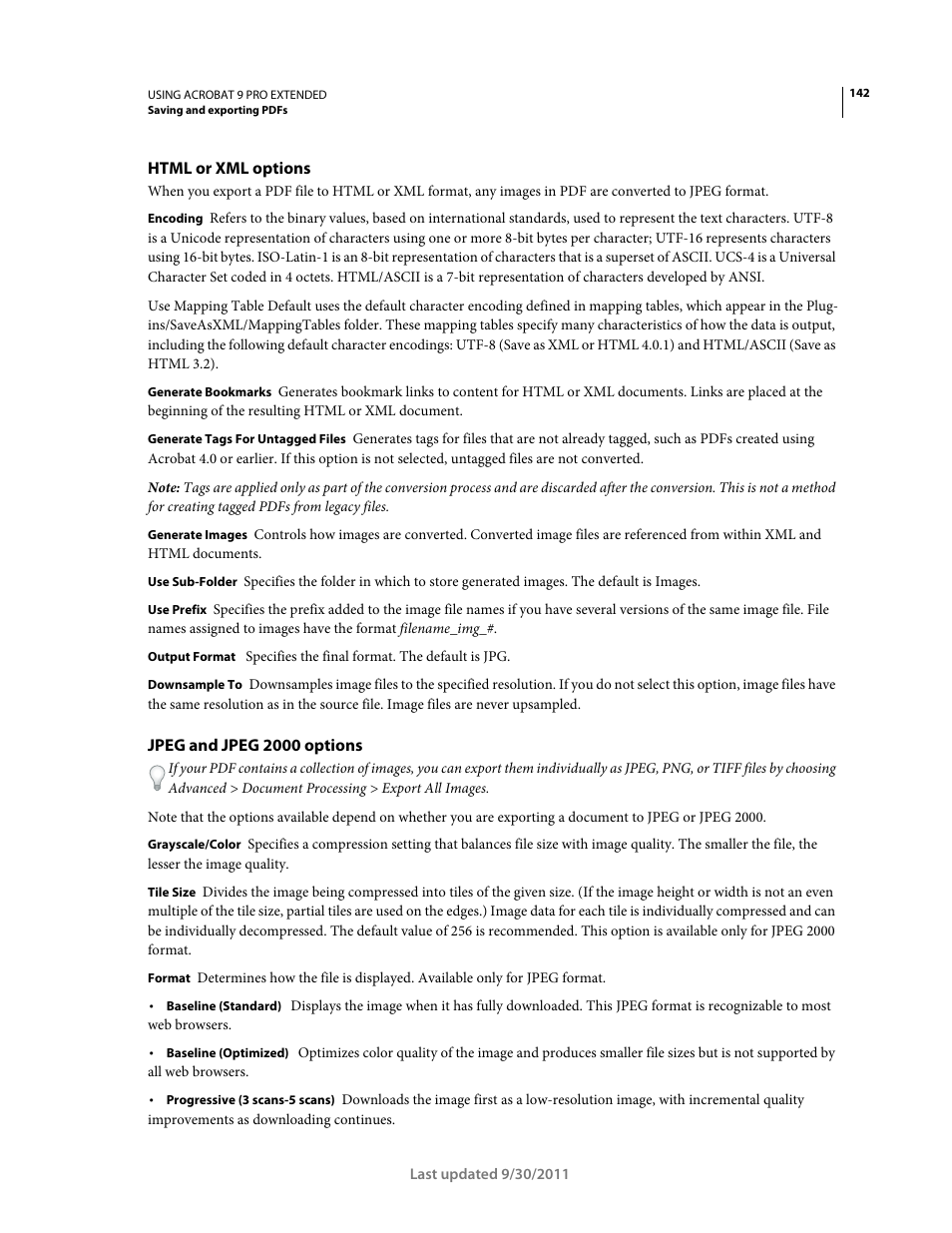 Html or xml options, Jpeg and jpeg 2000 options | Adobe Acrobat 9 PRO Extended User Manual | Page 148 / 546