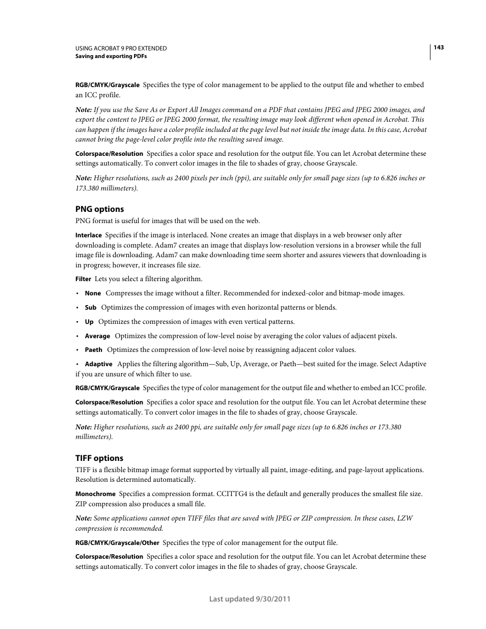 Png options, Tiff options | Adobe Acrobat 9 PRO Extended User Manual | Page 149 / 546