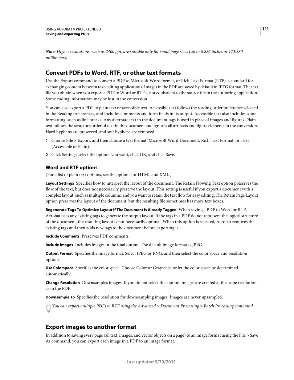 Convert pdfs to word, rtf, or other text formats, Word and rtf options, Export images to another format | Adobe Acrobat 9 PRO Extended User Manual | Page 150 / 546