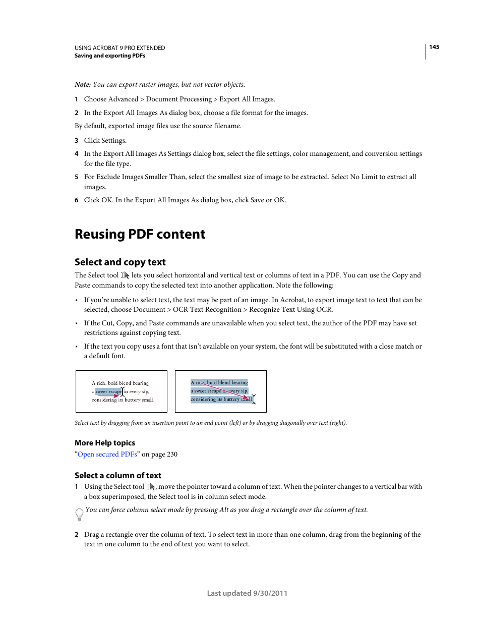 Reusing pdf content, Select and copy text, Select a column of text | Adobe Acrobat 9 PRO Extended User Manual | Page 151 / 546