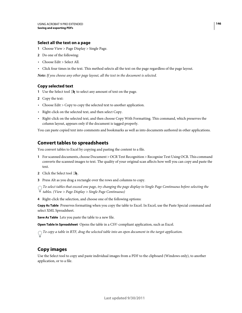Copy selected text, Convert tables to spreadsheets, Copy images | Adobe Acrobat 9 PRO Extended User Manual | Page 152 / 546