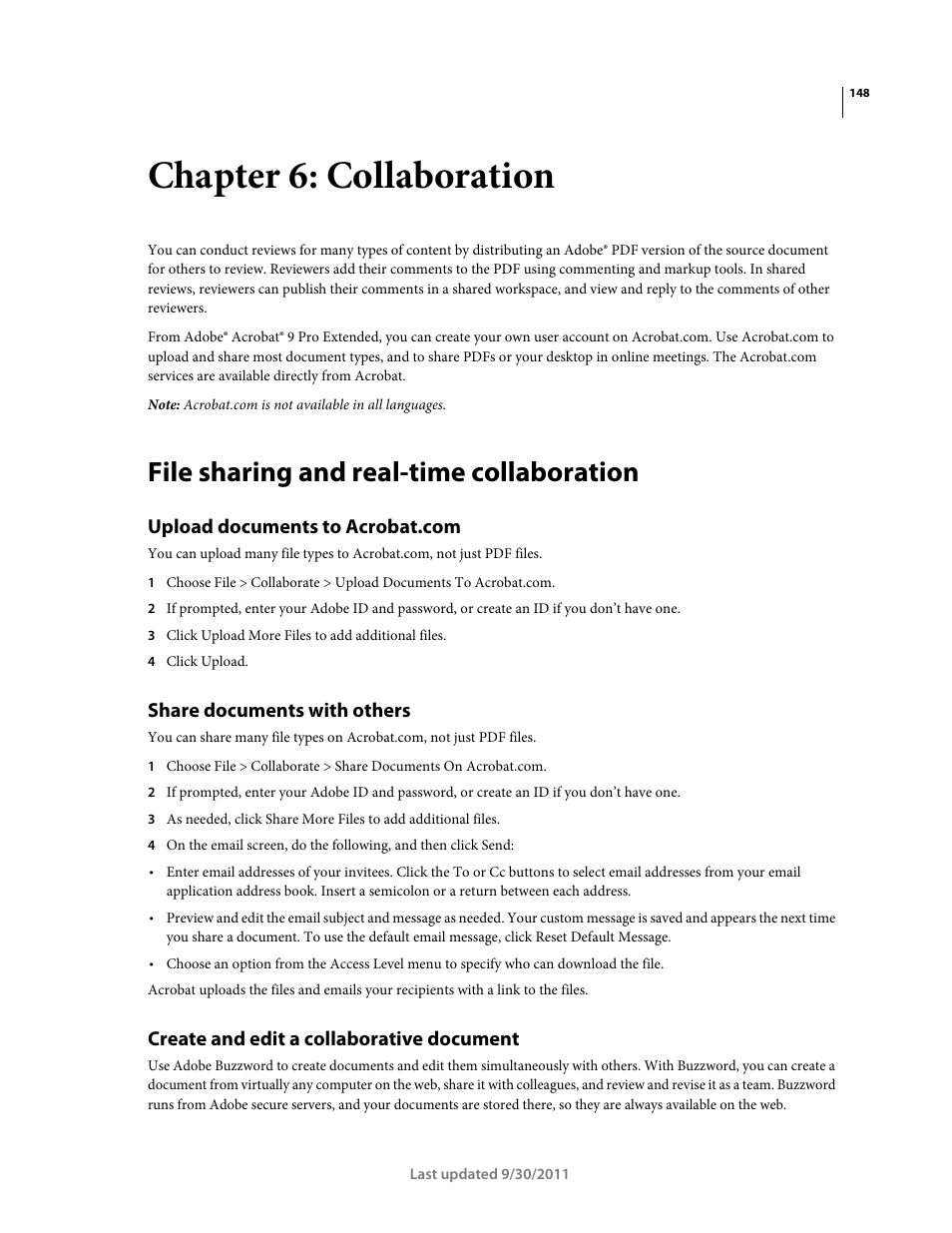 Chapter 6: collaboration, File sharing and real-time collaboration, Upload documents to acrobat.com | Share documents with others, Create and edit a collaborative document, Desktop in online meetings. see | Adobe Acrobat 9 PRO Extended User Manual | Page 154 / 546