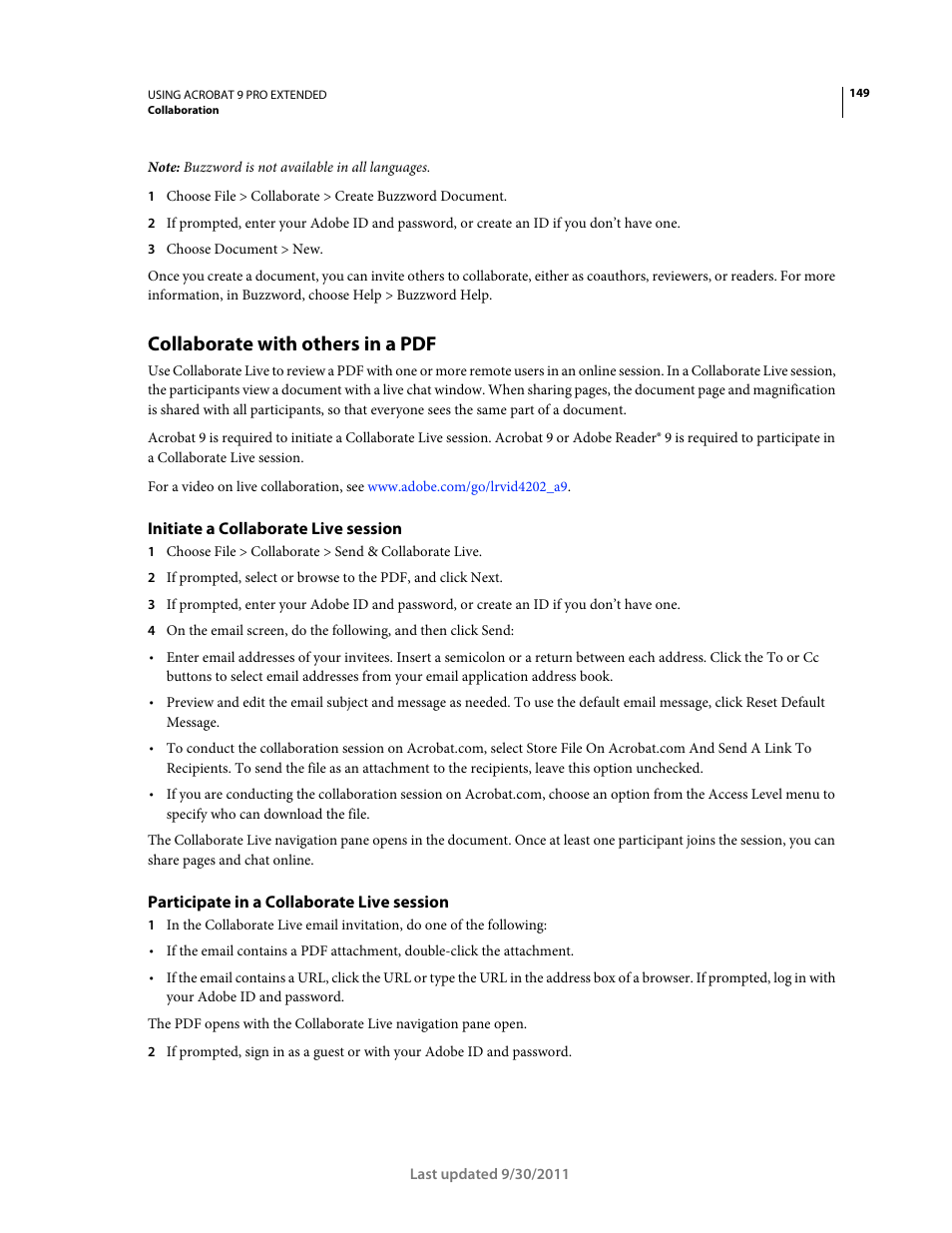 Collaborate with others in a pdf, Initiate a collaborate live session, Participate in a collaborate live session | Adobe Acrobat 9 PRO Extended User Manual | Page 155 / 546