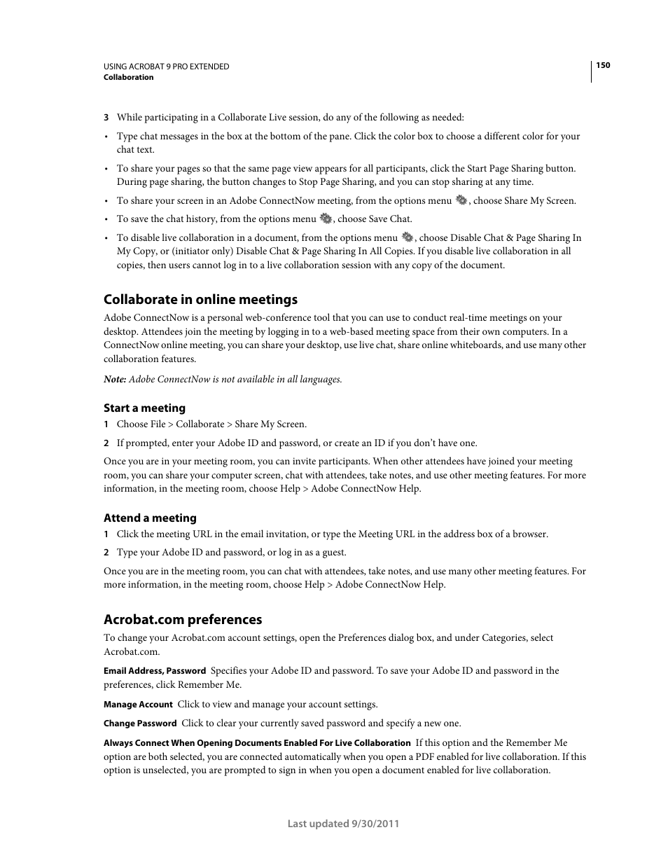 Collaborate in online meetings, Start a meeting, Attend a meeting | Acrobat.com preferences | Adobe Acrobat 9 PRO Extended User Manual | Page 156 / 546