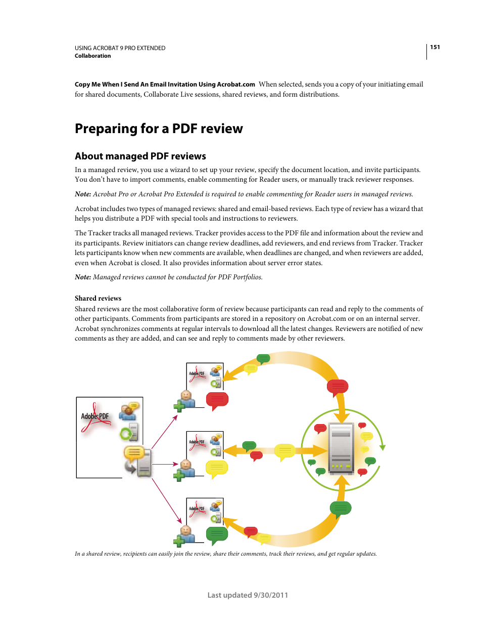 Preparing for a pdf review, About managed pdf reviews | Adobe Acrobat 9 PRO Extended User Manual | Page 157 / 546