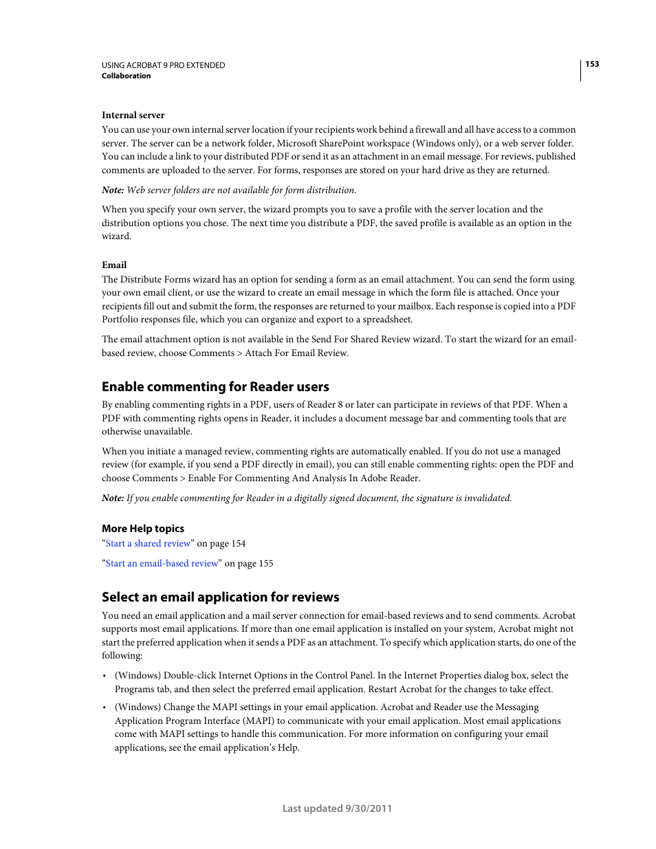 Enable commenting for reader users, Select an email application for reviews | Adobe Acrobat 9 PRO Extended User Manual | Page 159 / 546