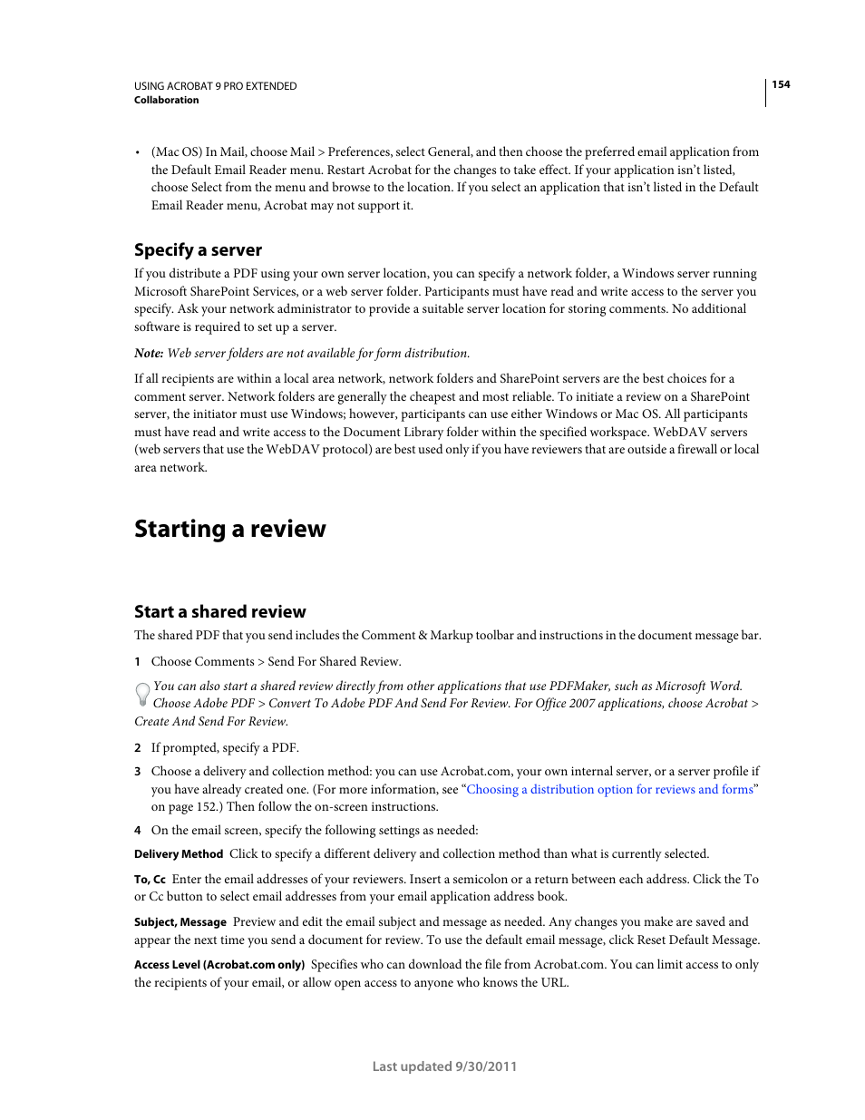 Specify a server, Starting a review, Start a shared review | Session. see | Adobe Acrobat 9 PRO Extended User Manual | Page 160 / 546