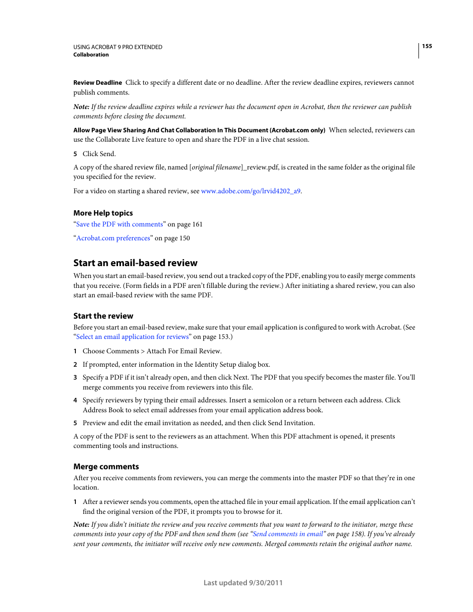 Start an email-based review, Start the review, Merge comments | Adobe Acrobat 9 PRO Extended User Manual | Page 161 / 546