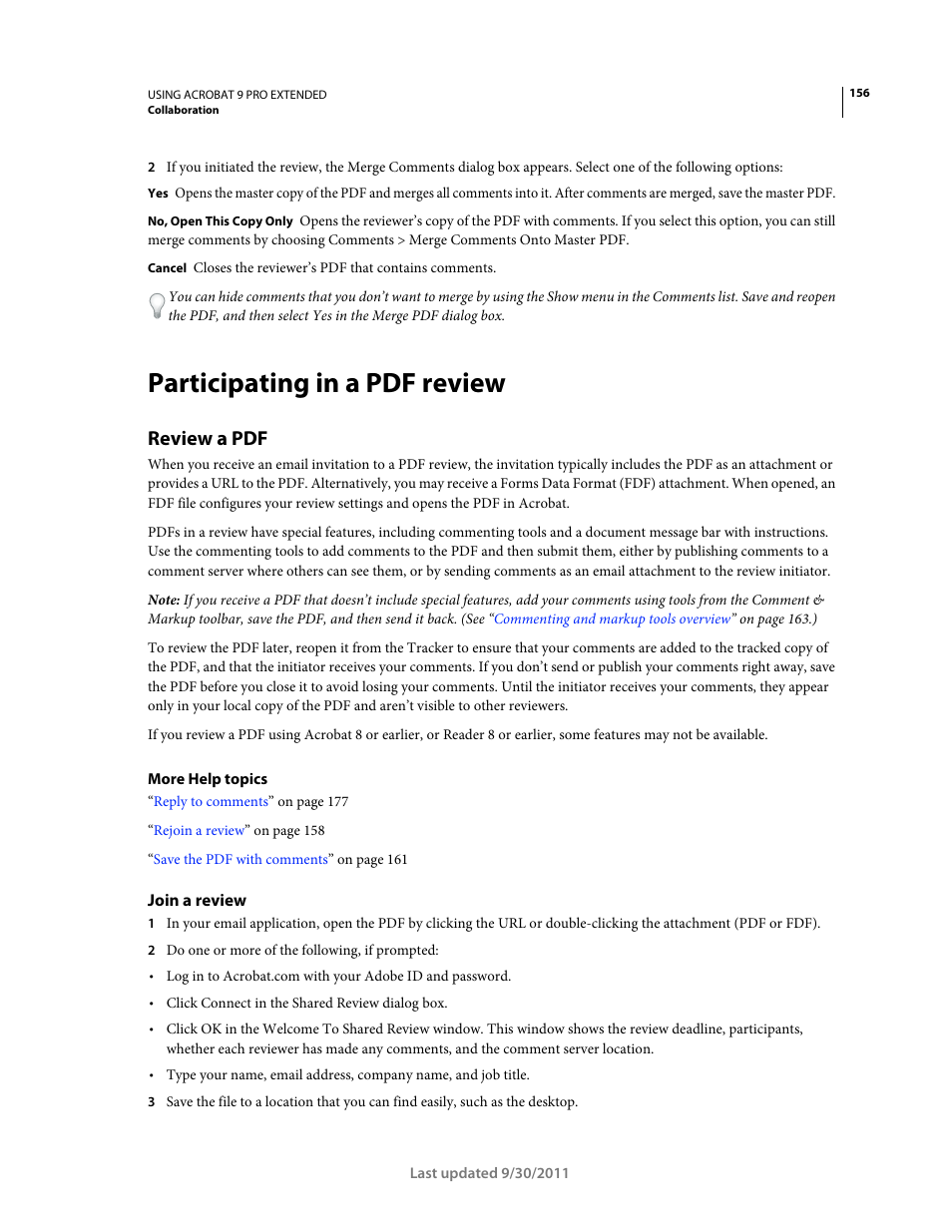 Participating in a pdf review, Review a pdf, Join a review | Adobe Acrobat 9 PRO Extended User Manual | Page 162 / 546