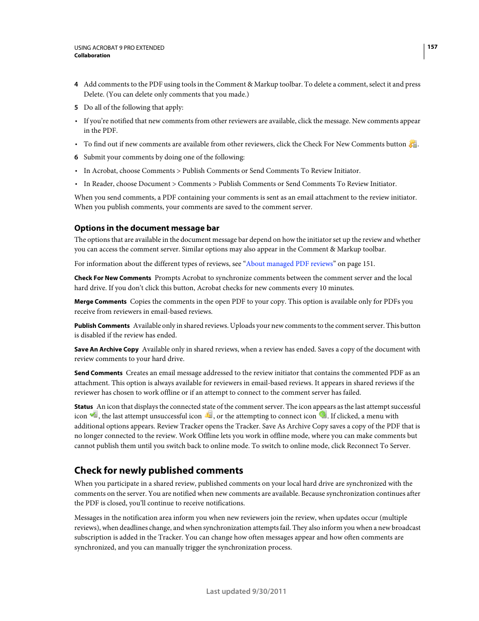 Options in the document message bar, Check for newly published comments | Adobe Acrobat 9 PRO Extended User Manual | Page 163 / 546