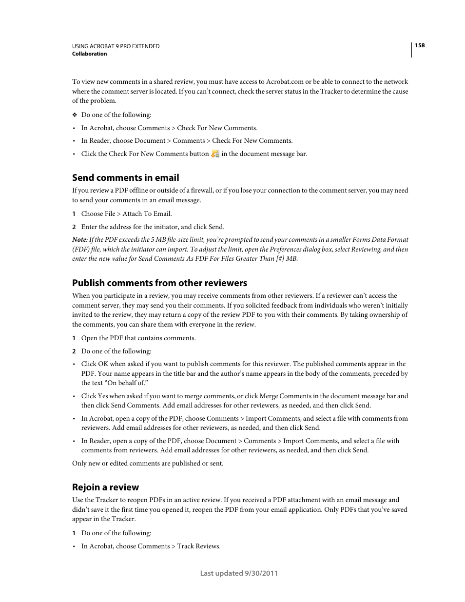 Send comments in email, Publish comments from other reviewers, Rejoin a review | 158). if you’ve already | Adobe Acrobat 9 PRO Extended User Manual | Page 164 / 546