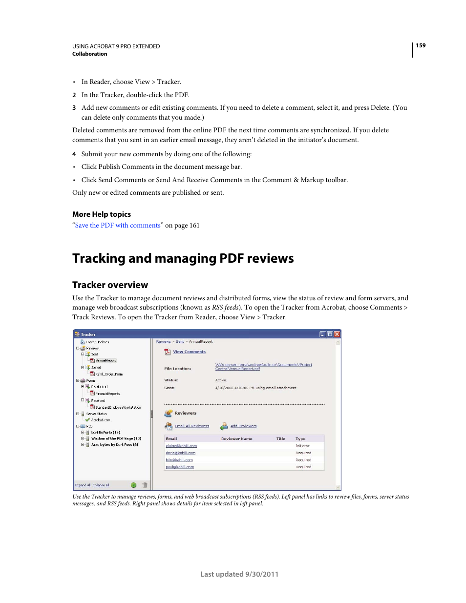 Tracking and managing pdf reviews, Tracker overview | Adobe Acrobat 9 PRO Extended User Manual | Page 165 / 546