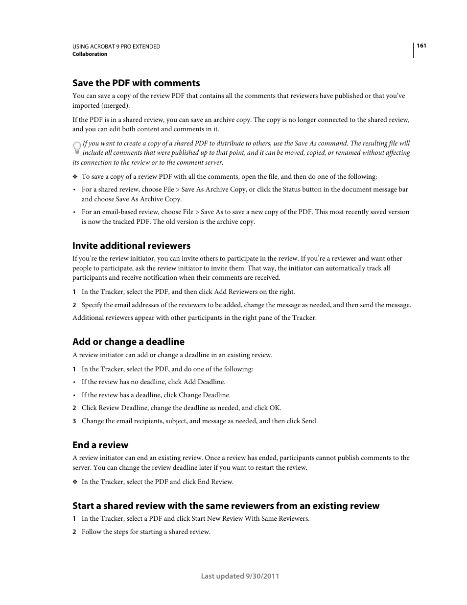 Save the pdf with comments, Invite additional reviewers, Add or change a deadline | End a review | Adobe Acrobat 9 PRO Extended User Manual | Page 167 / 546