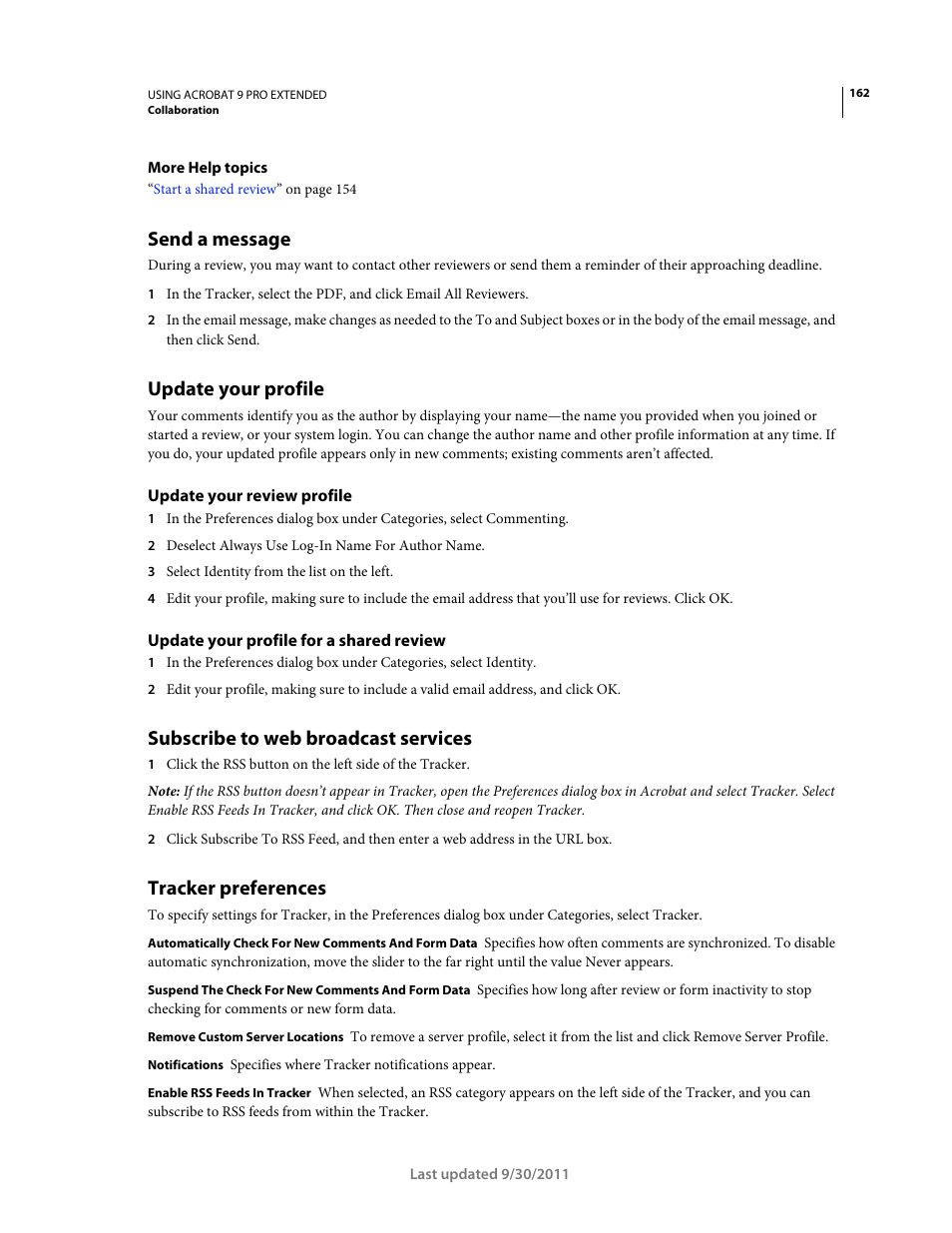 Send a message, Update your profile, Update your review profile | Update your profile for a shared review, Subscribe to web broadcast services, Tracker preferences | Adobe Acrobat 9 PRO Extended User Manual | Page 168 / 546