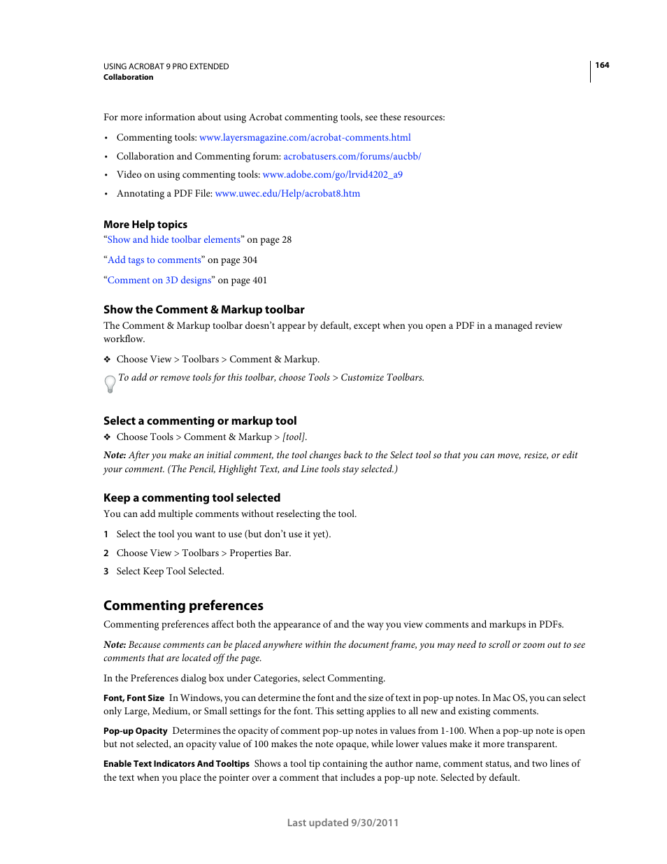 Show the comment & markup toolbar, Select a commenting or markup tool, Keep a commenting tool selected | Commenting preferences | Adobe Acrobat 9 PRO Extended User Manual | Page 170 / 546