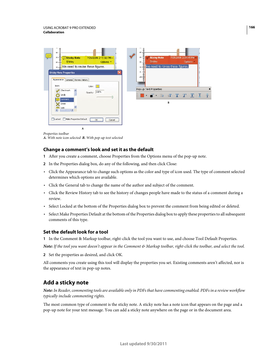 Change a comment’s look and set it as the default, Set the default look for a tool, Add a sticky note | Adobe Acrobat 9 PRO Extended User Manual | Page 172 / 546