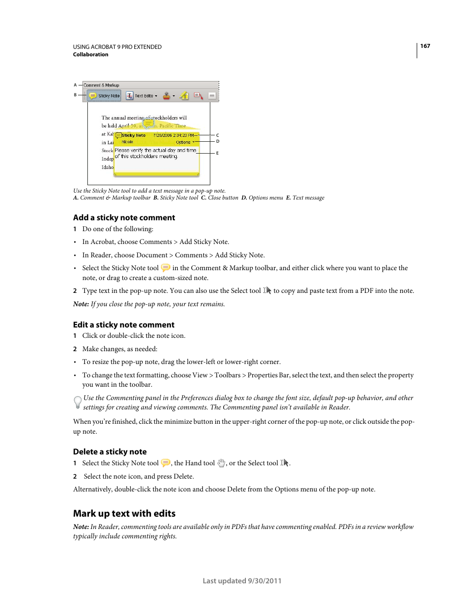 Add a sticky note comment, Edit a sticky note comment, Delete a sticky note | Mark up text with edits | Adobe Acrobat 9 PRO Extended User Manual | Page 173 / 546